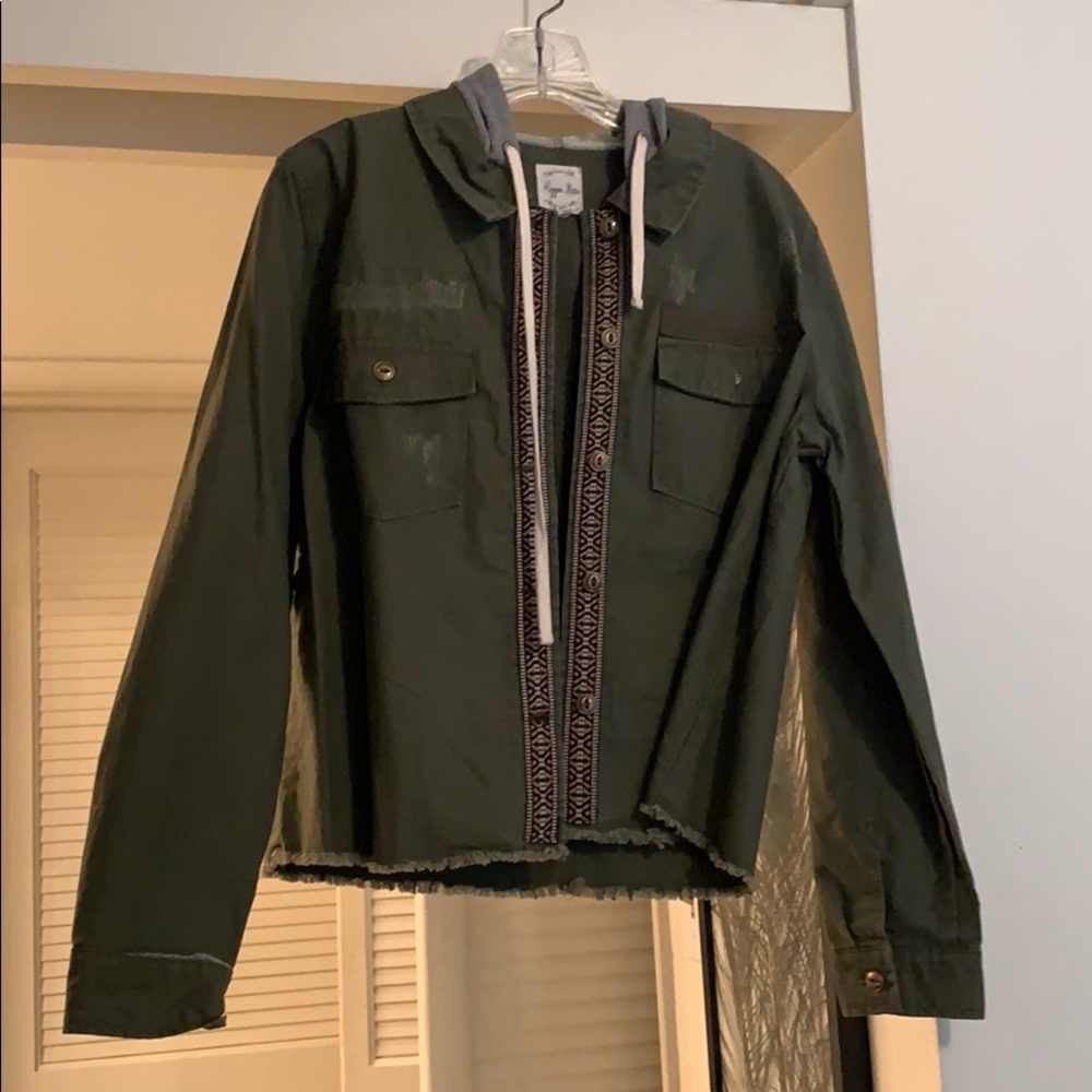 Olive jacket with grey hoodie tribal design